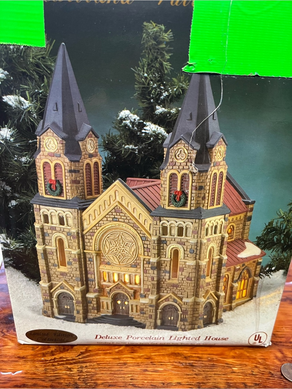 Porcelain Lighted Holiday Church Decoration in Tan and Brown